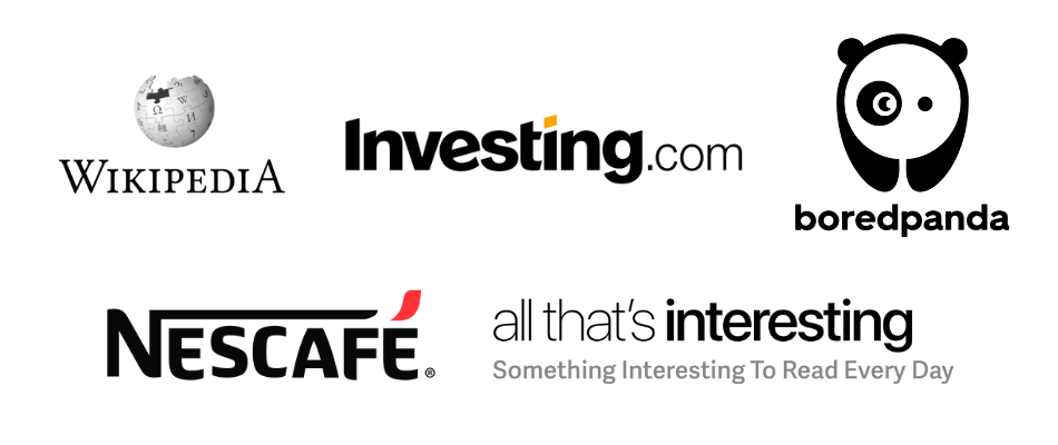 Logos of Wikipedia, Investing.com, Nescafé, Bored Panda, All That's Interesting.